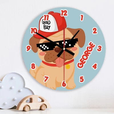 Personalised Wall Clock DOG PUG Glass & Wooden Boys Bedroom Baby Nursery Decor - Image 1 of 4