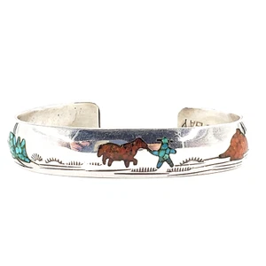 Begay Navajo Künstler gestempelt Sterlingsilber 7" Chip Inlay Armband Cowboy Pferd - Bild 1 von 11