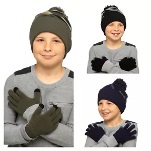 Boys Camo Pattern Knitted Bobble Hat and Matching Touch Screen Magic Gloves Set - Picture 1 of 13