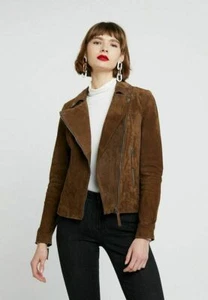 Womens Real Suede Leather Jacket Brown Biker Motorcycle Premium Soft Jacket Coat - Picture 1 of 7