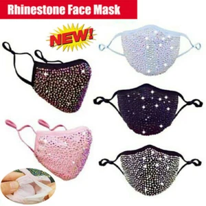 Rhinestone Crystal Face Mask Sparkly Bling Reusable Pocket Filter Washable With - Picture 1 of 23