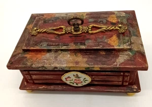 Vintage Decoupaged Floral Refurbished Footed Embellished 8.5" Wooden Jewelry Box - Picture 1 of 10