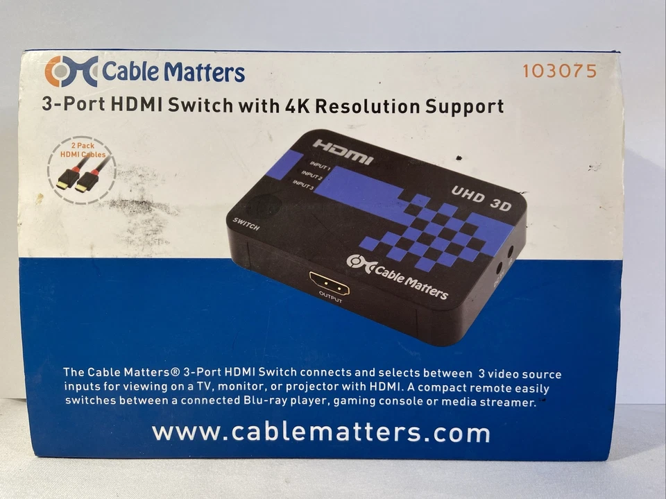 Cable Matters 3-port HDMI Switch Supporting 4k Resolution With Twin-pack 6 Feet