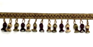 (Sold By the Yard) 3” Trim Fringe W/ Gimp Top - Gold, Purple, Green on the Trim - Picture 1 of 3