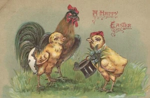 Postcard Easter Anthropomorphic Rooster Listening to Beau Chick Germany - Picture 1 of 2