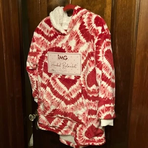 Kids Size Hooded Blanket Oversized Fleece/Sherpa, Red Heart Print, Kanga Pocket - Picture 1 of 10