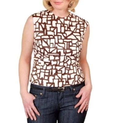 VTG 1960s Sleeveless Blouse Brown White Abstract Print Jeweled Neckline Sz M - Image 1 of 4
