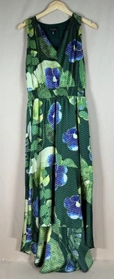 WHBM 10 Dress Hi Lo Maxi Satin Smocked Waist Floral Resort Cocktail Whimsical - Image 1 of 4