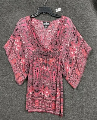 Angie Mini Shift Dress Womens Size M Paisley Bohemian Smock Waist Kimono Sleeve  - Image 1 of 4