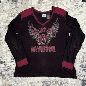 Womens Thermal Shirt Casual Top Biker Harley Davidson Motorcycle XL Raw Hem - Picture 1 of 12