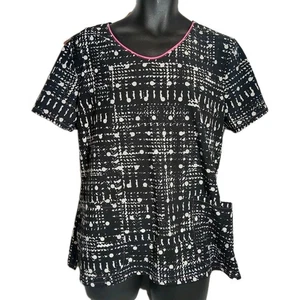 Dickies Scrub Top Black And White Abstract Print With Pink Trim Women's Size XL - Picture 1 of 4