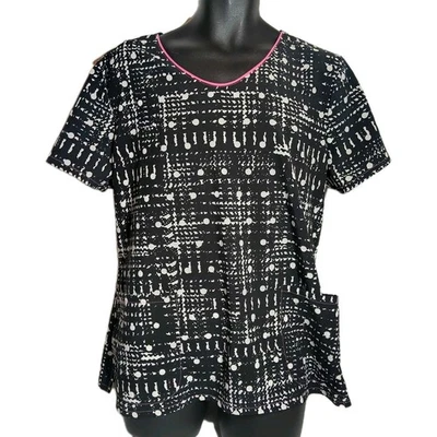 Dickies Scrub Top Black And White Abstract Print With Pink Trim Women's Size XL  - Image 1 of 4