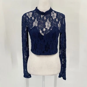 Kardashian Kollection Top Womens Small Navy Lace Inlay Sheer Cropped Y2K NEW NWT - Picture 1 of 19