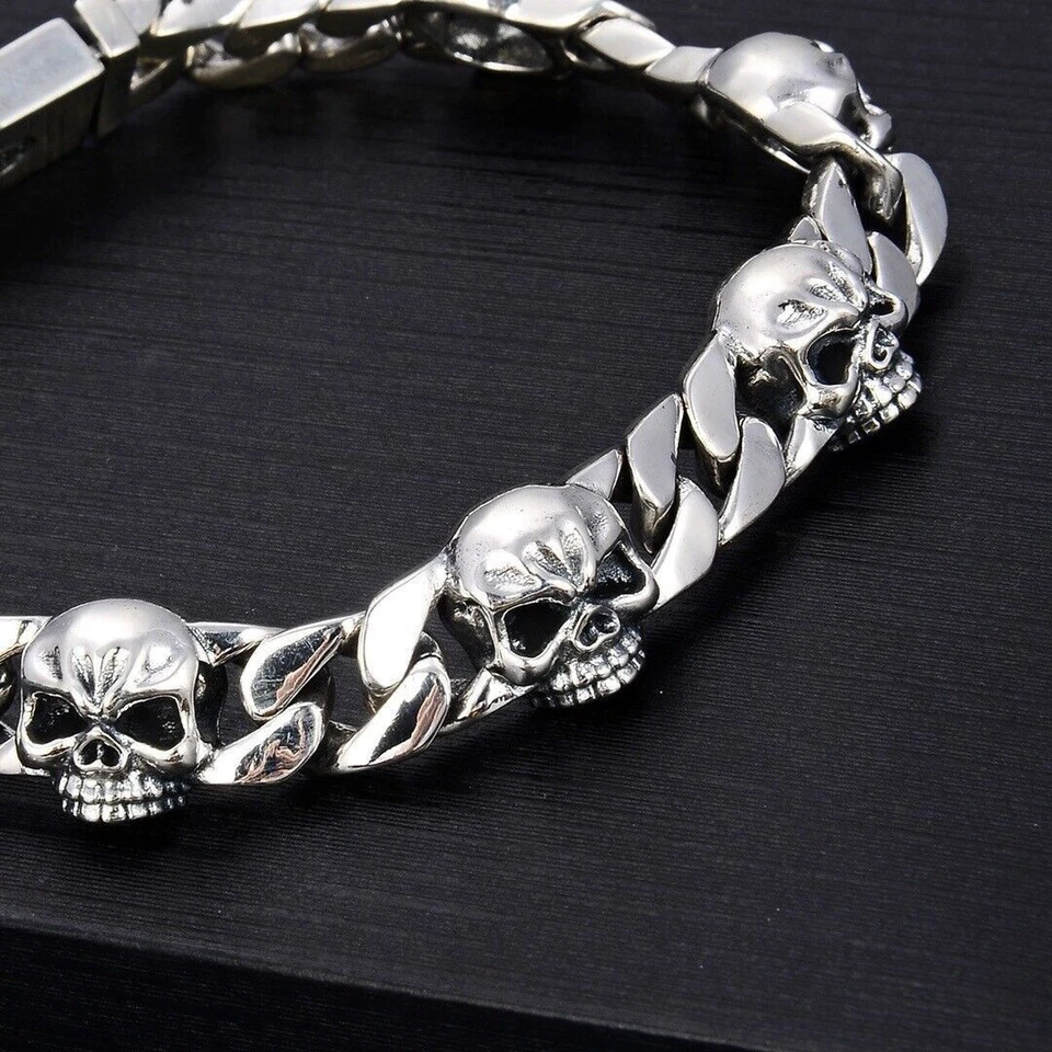 Pulsera de Hip Hop de Plata de Ley 925 Sólida Eslabón Cubano Cadena Calavera Para Hombres Foto 1 de 4