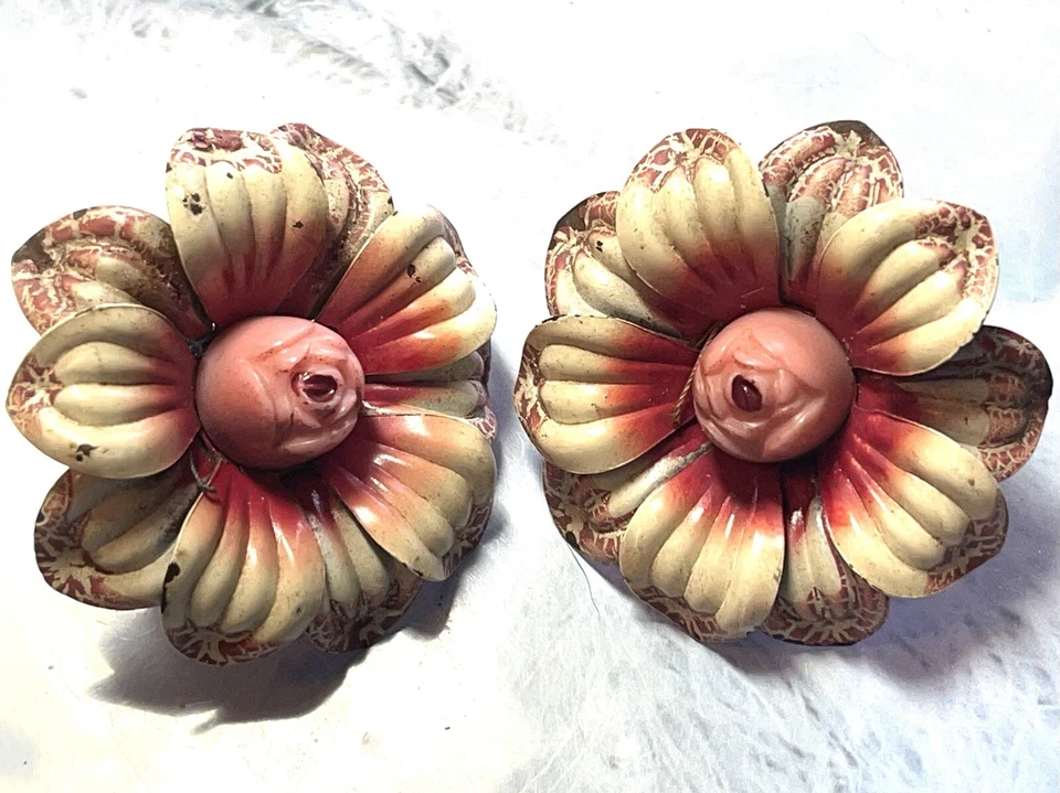 Vintage Giant Metal Enamel Flowers-Earrings, Furniture Buttons - Image 1 of 4