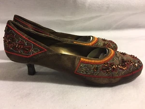 Varsavia Viamara Shoes Brown Beaded Size 8 Kitten Heel Synthetic Upper Sole Lini - Picture 1 of 12
