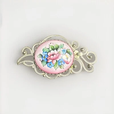 PINTURA A MANO VINTAGE ELABORADA RUSA CERÁMICA FLORAL ROSA BROCHE * 2 pulgadas Foto 1 de 4