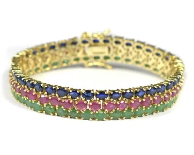 Natural Ruby Emerald Sapphire 14K Gold Plate 925 Sterling Silver Tennis Bracelet - Image 1 of 4