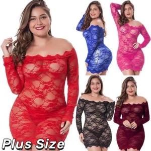 Plus Size Women Sexy Lingerie Dress Lace Off Shoulder Babydoll Nightwear Robe - Picture 1 of 22