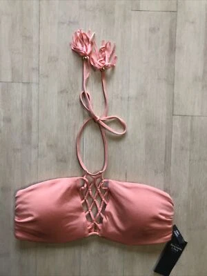 NUEVO CON ETIQUETAS ABERCROMBIE & FITCH Mujer Natación Macramé Cuello Alto Halter Borla Bikini Top S Foto 1 de 4