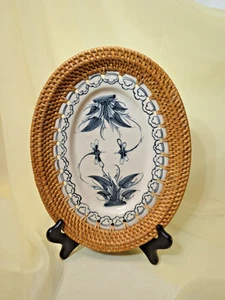 Vietnamese Bat Trang Dragonfly Oval Rattan Framed Plate - Picture 1 of 7
