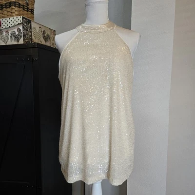 Camiseta sin mangas Cable & Gage marfil lentejuelas cuello halter talla L totalmente forrada.  41 Foto 1 de 4