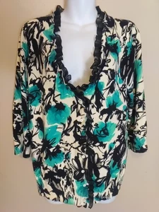 Marina Luna grün schwarz weiß Rüschen Ausschnitt Trim Button Down Pullover Gr. XL - Bild 1 von 5