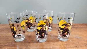 Vintage Libbey Halloween Trinkglas Hexe Fledermäuse Besen Becher 5er Set - Bild 1 von 9