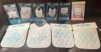 Stamped Embroidery Bibs, Birth Announcements, Pillow Case/Sheet and Pillow Sham - Image 1 of 2