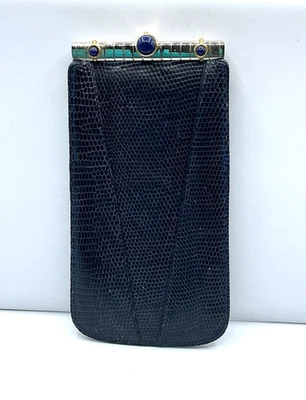 Antiga bolsa Judith Lieber designer lagarto azul em relevo lápis tom dourado trava - Imagem 1 de 4