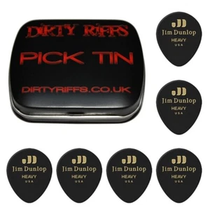 6 x púas de guitarra Dunlop Celuloid Teardrop - negras pesadas en una lata de púa - Imagen 1 de 1