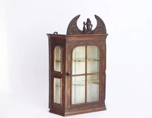 Antique Gothic Wooden Wall Cabinet with Glass Door and White Shelves - Picture 1 of 9