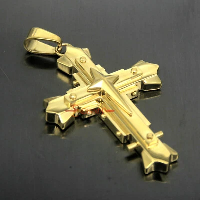 Big Large Heavy 3 Layer Cross Pendant Necklace Silver/Gold Solid Stainless Steel - Image 1 of 4