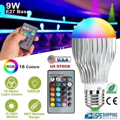 E27 9W RGB LED Bulb with 16 Colors & Remote Control Smart Color Changing Lights - Image 1 of 4