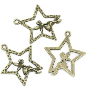 48 Antique Brass Zinc Alloy Star with Angel 28x25mm Bead Charm Pendant - Picture 1 of 1