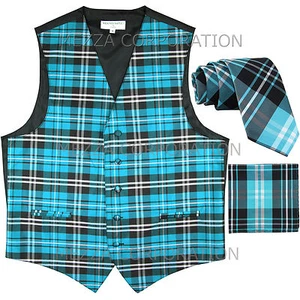 New Vesuvio Napoli plaid Tuxedo Vest_2.5" Self Tie Necktie Hankie Turquoise blue - Picture 1 of 4
