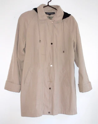 Fleet Street L Women Rain Coat Light Tan w/ Black Velvet Lined Removable Hood - Image 1 of 4