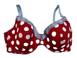 Flirtitude Bra Size 38D Red with White Polka Dots Blue Lace Underwire Padded - Picture 1 of 10