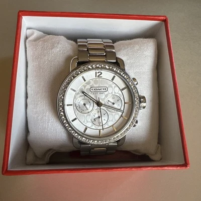 Coach Legacy Chronograph Watch Womens Silver Stainless Crystal Bezel New Battery - Image 1 of 4