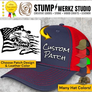 Custom Hat Trucker Baseball Cap Richardson Leather Patch USA Flag Bald Eagle - Picture 1 of 21