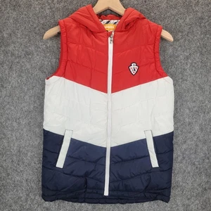 Kidbox Puffer Vest Boys XL Red White Blue Hooded Sleeveless Jacket Outdoor Zip - Picture 1 of 15