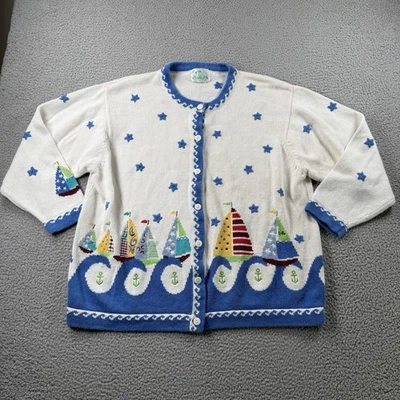 QUACKER FACTORY Cardigan Womens XL Button Up Sailboats Nautical Resort Grandma - Image 1 of 4