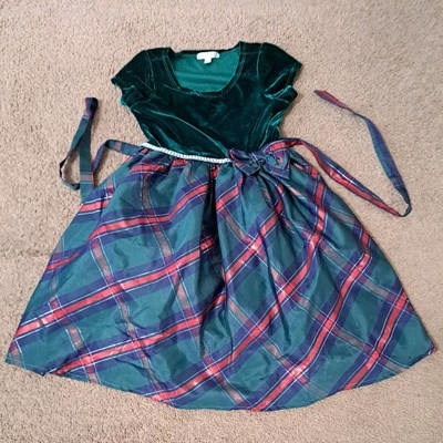 Vestido de manga curta verde vermelho xadrez e veludo TAHARI feminino tamanho 6) - Imagem 1 de 4