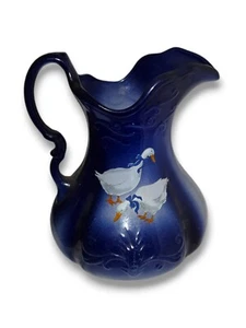 Antique 1898 Cobalt Blue Ironstone Pitcher with Handpainted Ducks from England - Picture 1 of 8