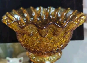 L.E. SMITH Daisy & Button Pattern Amber Orange Ruffled Glass Bowl Candy Dish - Picture 1 of 7