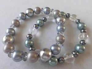 Shell Pearl blue/grey & Quartz Elasticated Bracelets x 2 - Picture 1 of 3