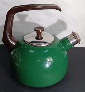 Vintage Encore Green Enamel Whistling Tea Kettle Teapot Spain Stainless Lid MCM - Picture 1 of 8