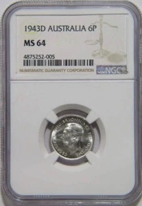 AUSTRALIA , SILVER 6P GEORGE VI 1943D - NGC MS 64 (SL) , RARE - Picture 1 of 2