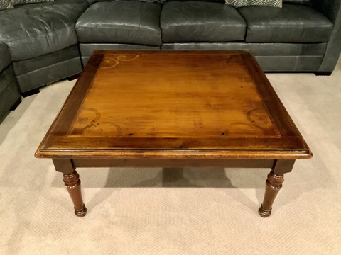 Antique English Square Coffee Table With Fleur-De-Lis Satinwood Inlay Cover