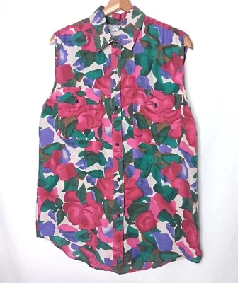 Leena Studio L Blouse Button Collar Silk Abstract Pink Purple Sleeveless Vtg 90s - Image 1 of 4